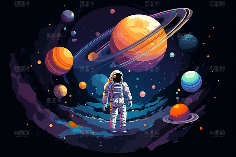 宇航员炫彩彩色插画