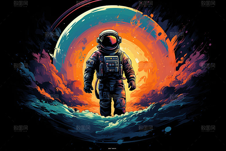 宇航员宇宙撞色插画