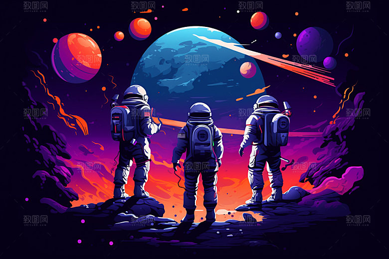 宇航员太空撞色插画