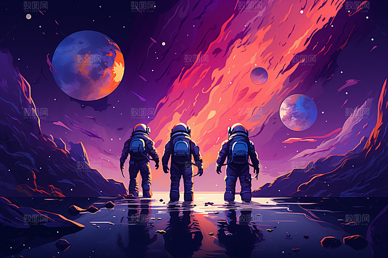 宇航员太空彩色插画