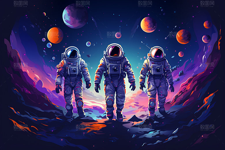 宇航员彩色幻想插画