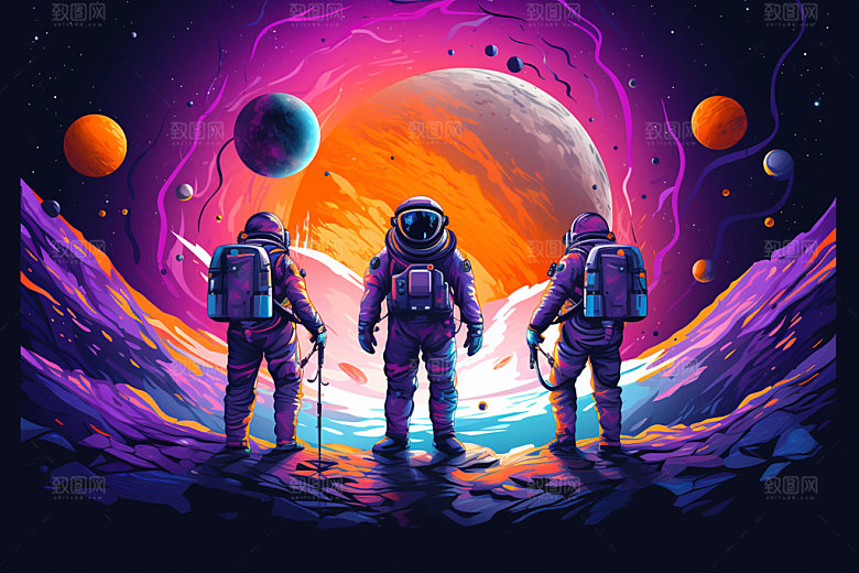 宇航员宇宙彩色插画