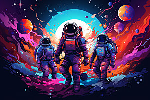 宇航员彩色手绘插画