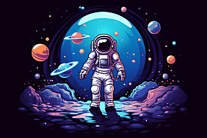 宇航员手绘撞色插画