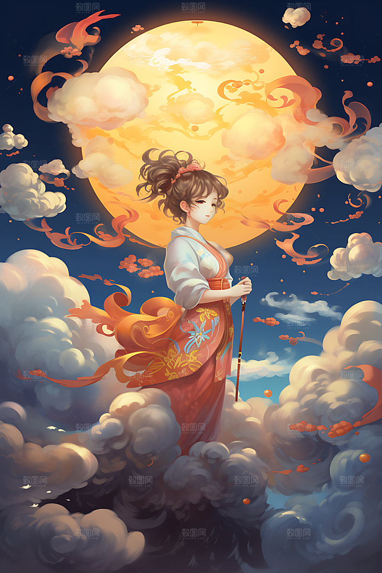 玉兔和女孩中国风传统文化插画