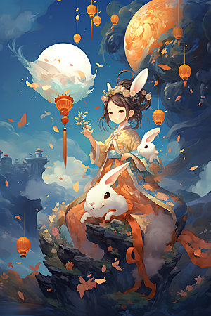 玉兔和女孩中秋节卡通风格插画