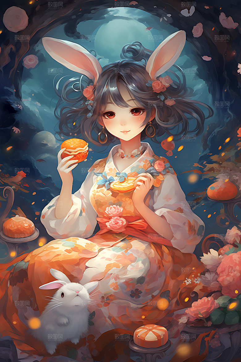 玉兔和女孩手绘中国风插画
