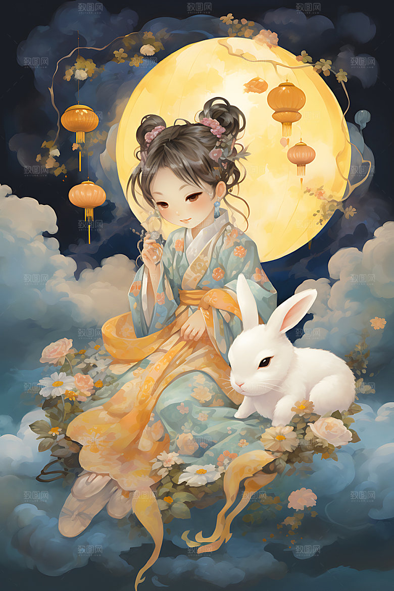 玉兔和女孩传统文化中秋节插画