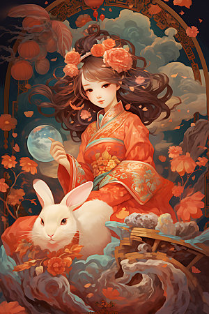 玉兔和女孩中国风艺术插画