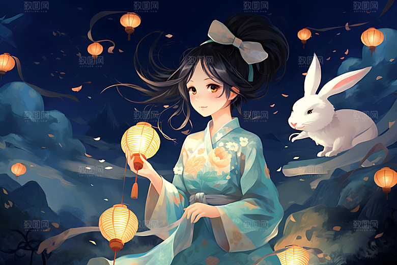 玉兔和女孩手绘月圆插画