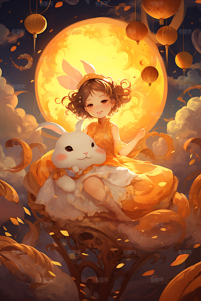 玉兔和女孩中秋节月圆插画