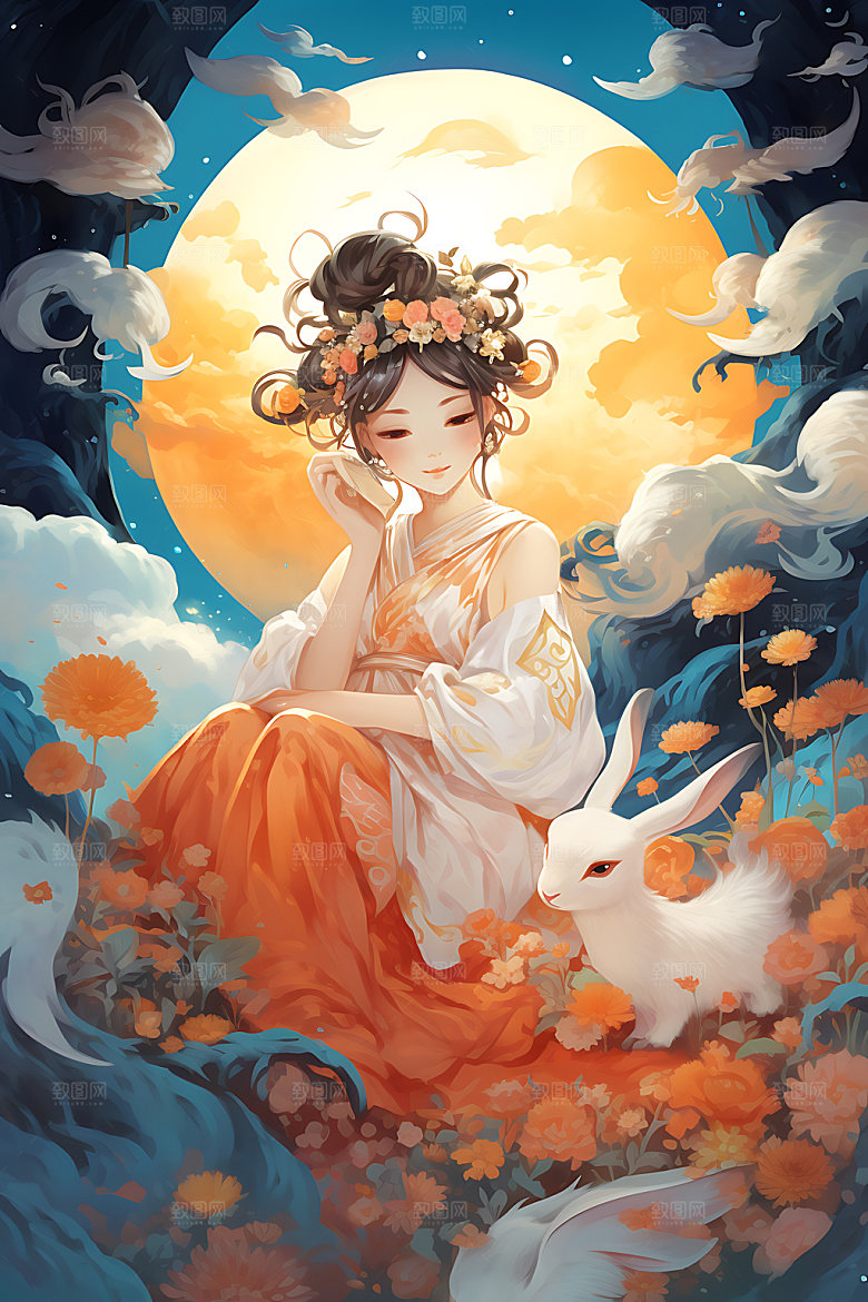 玉兔和女孩唯美艺术插画
