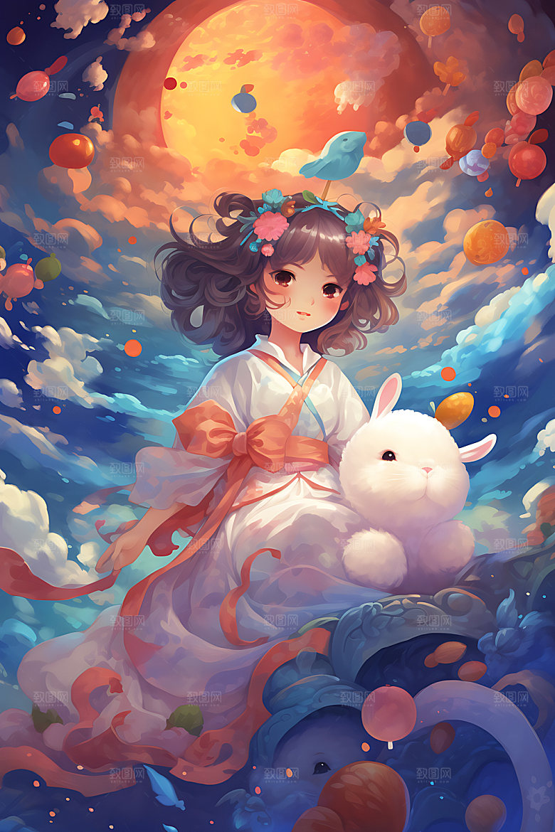 玉兔和女孩月圆卡通风格插画