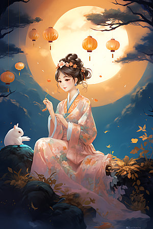 玉兔和女孩中秋节中国风插画