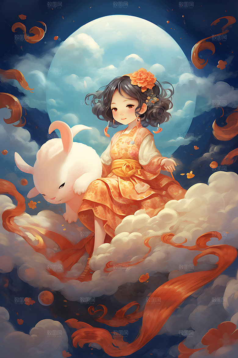 玉兔和女孩手绘中国风插画