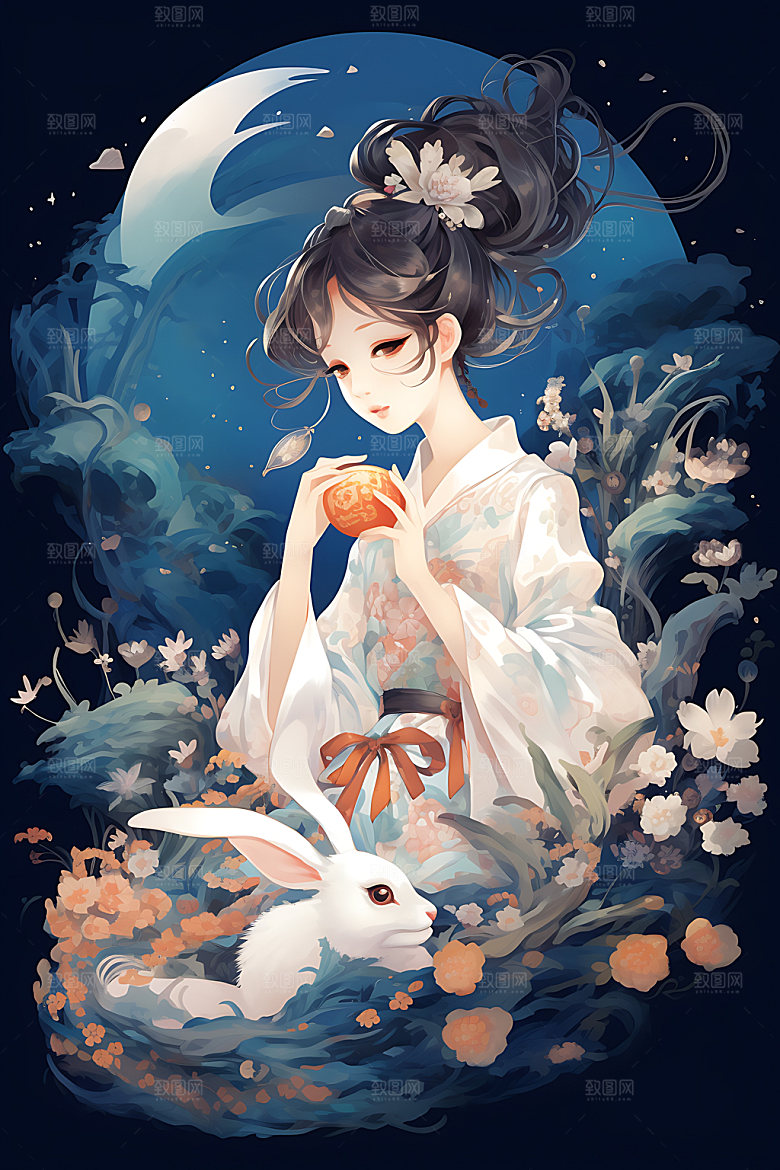 玉兔和女孩唯美艺术插画