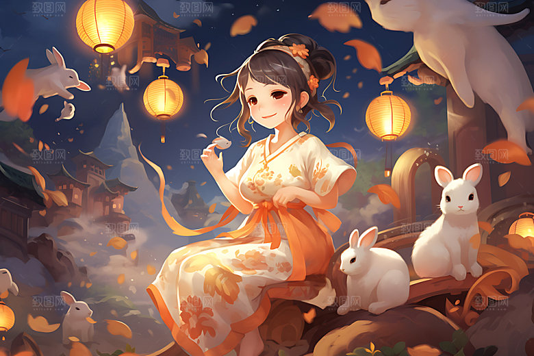 玉兔和女孩艺术传统文化插画