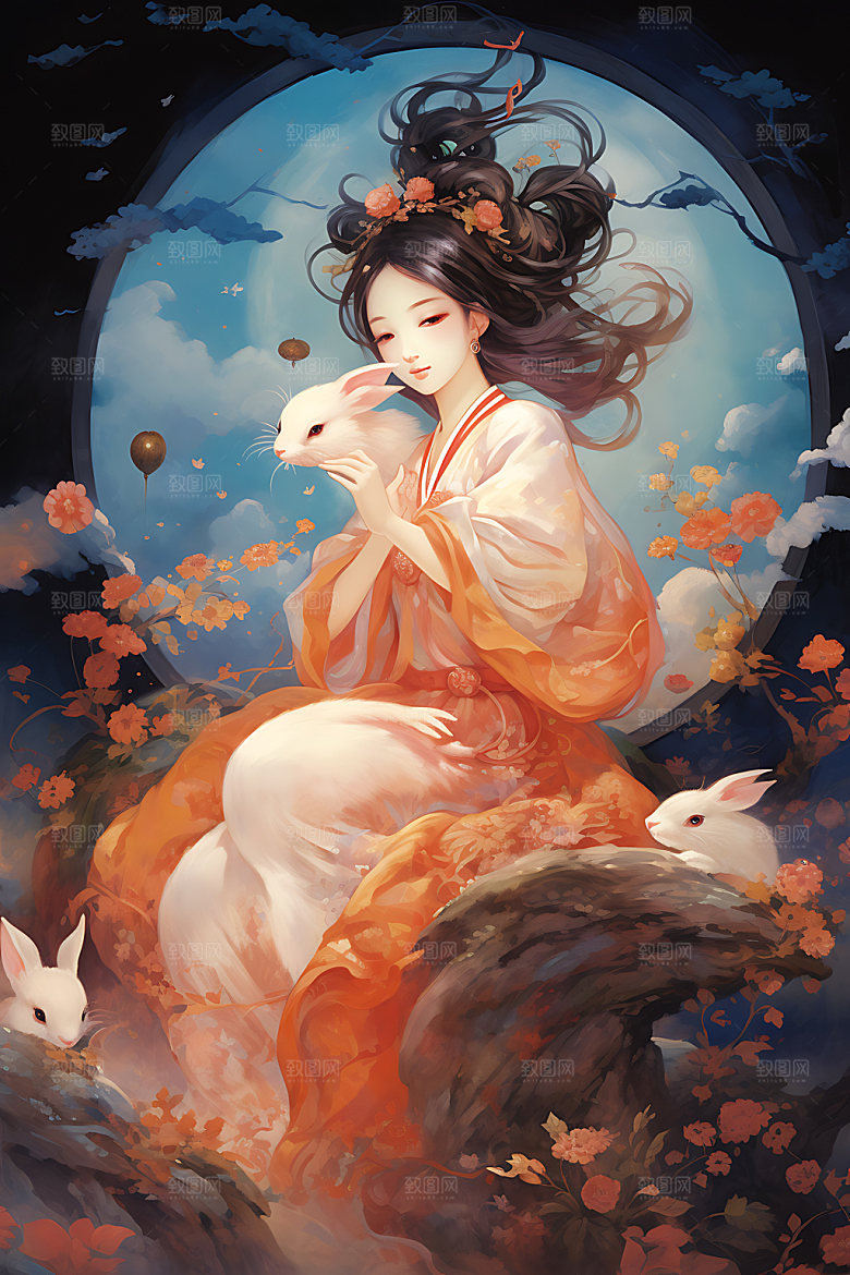 玉兔和女孩手绘艺术插画
