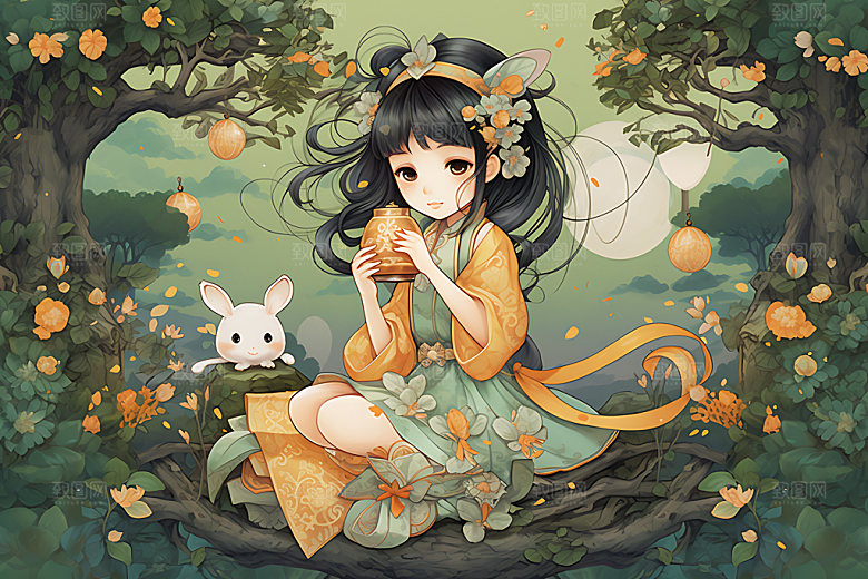 玉兔和女孩传统文化唯美插画