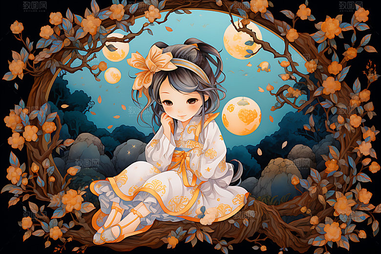 玉兔和女孩中秋节传统文化插画