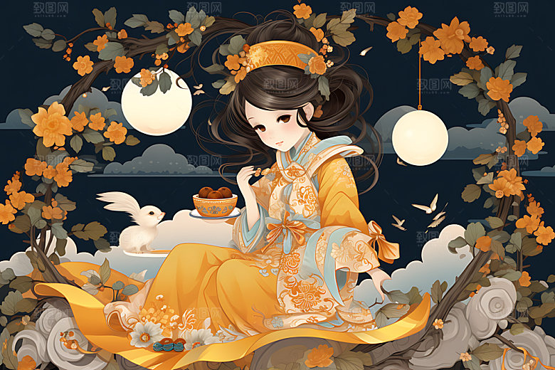 玉兔和女孩中秋节唯美插画