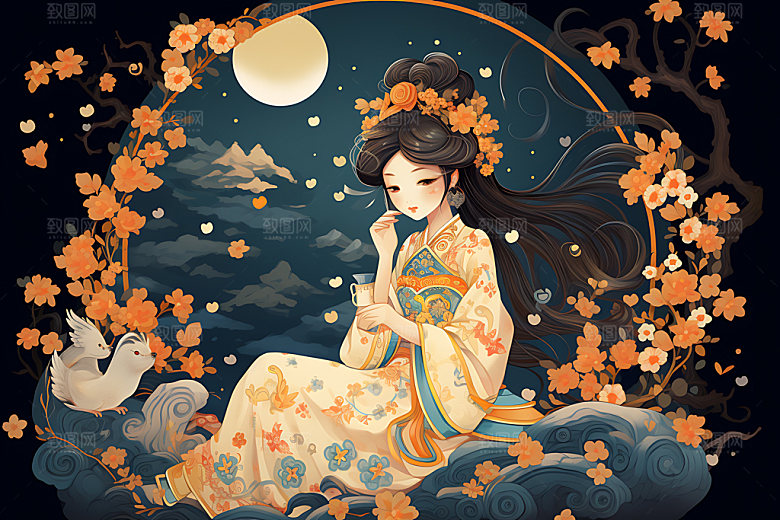 玉兔和女孩唯美艺术插画