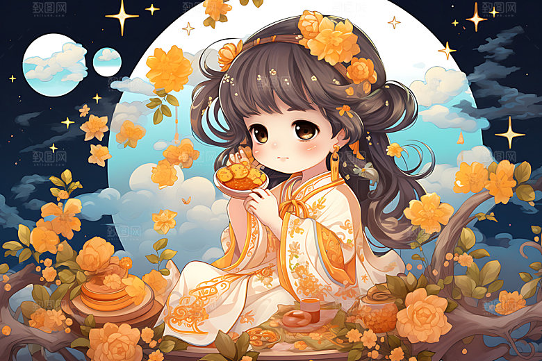 玉兔和女孩传统文化手绘插画