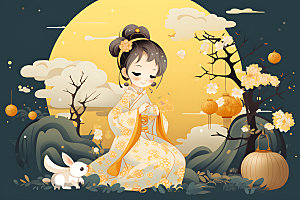 玉兔和女孩唯美月圆插画
