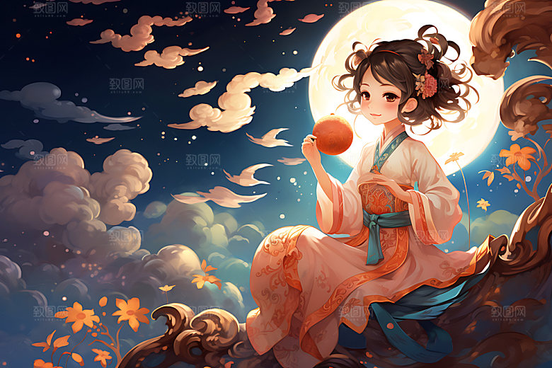 玉兔和女孩手绘月圆插画