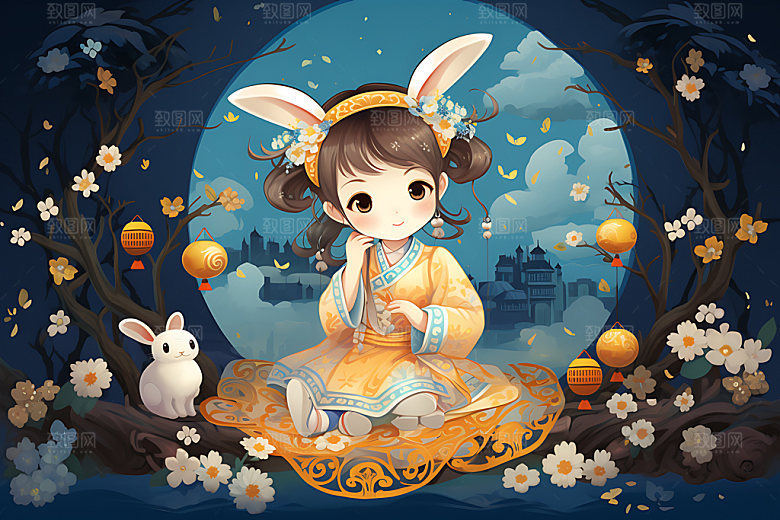 玉兔和女孩手绘艺术插画