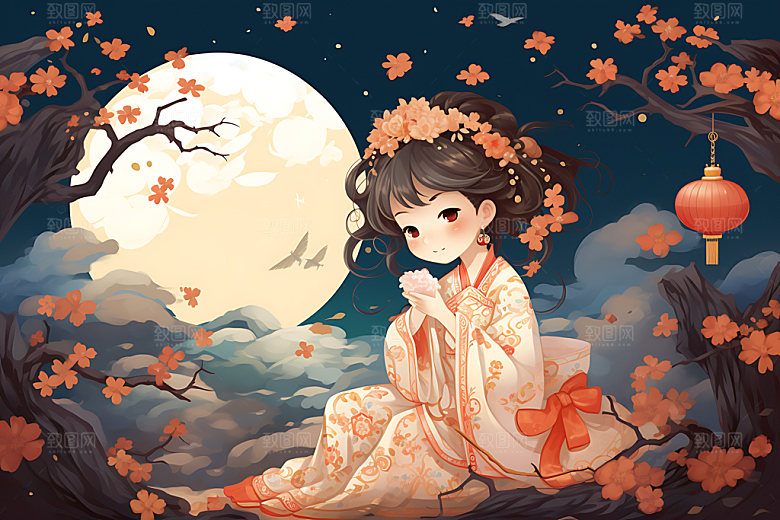 玉兔和女孩卡通风格手绘插画