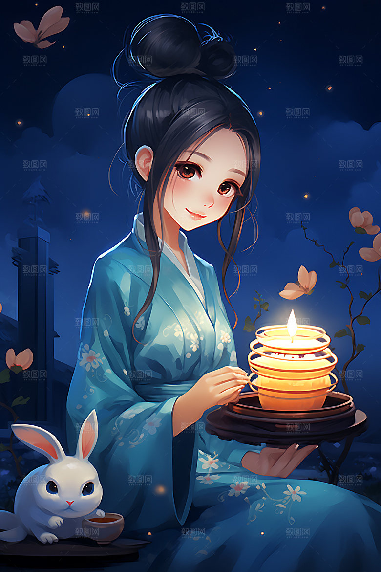 玉兔和女孩艺术月圆插画