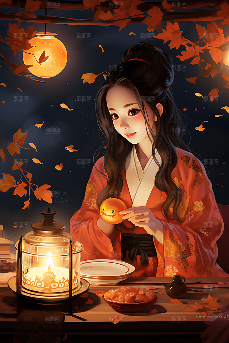 玉兔和女孩中秋节手绘插画