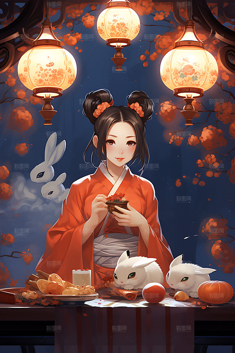 玉兔和女孩手绘月圆插画