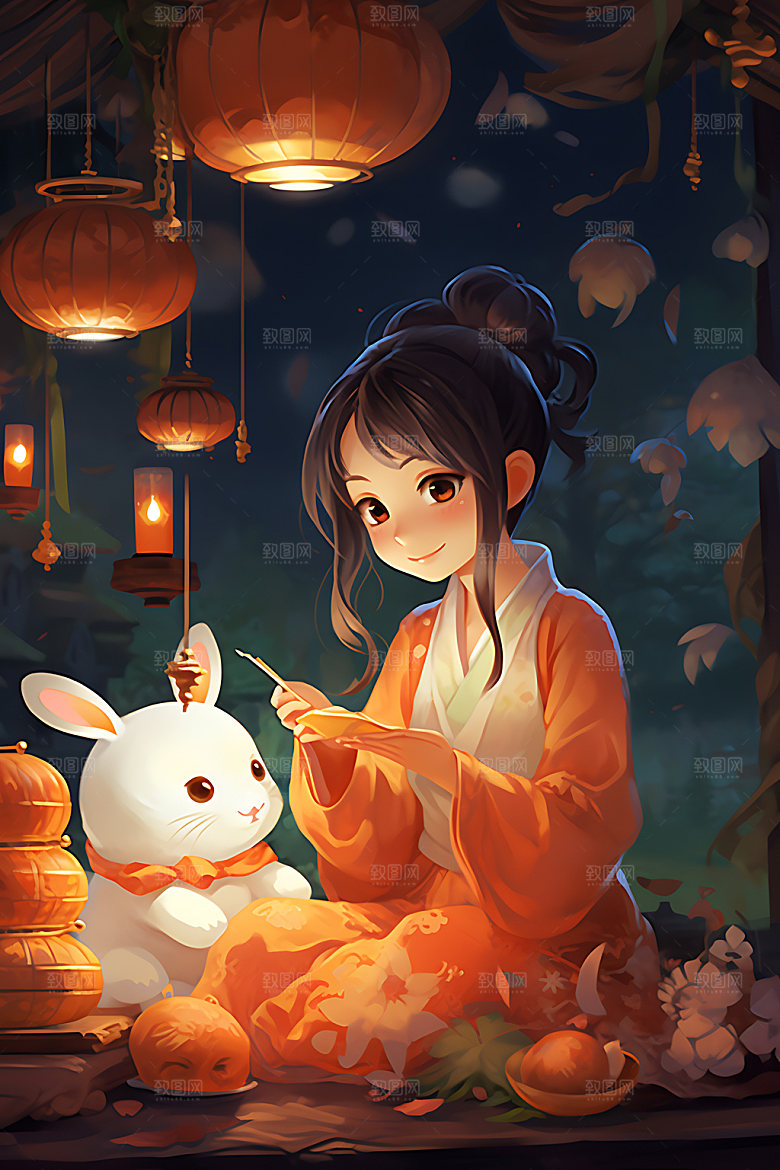 玉兔和女孩传统文化中秋节插画