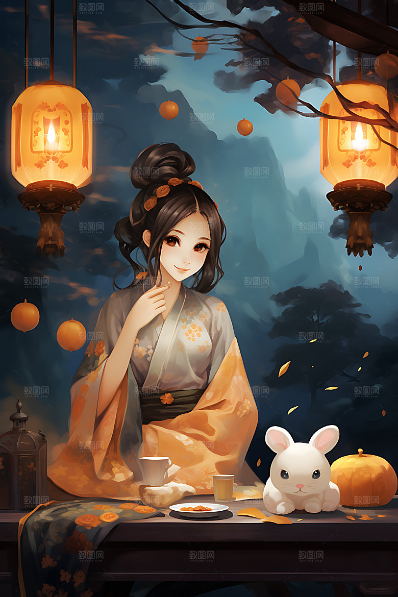 玉兔和女孩手绘月圆插画