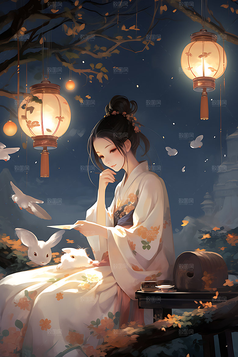 玉兔和女孩唯美月圆插画