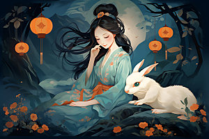 玉兔和女孩艺术中秋节插画