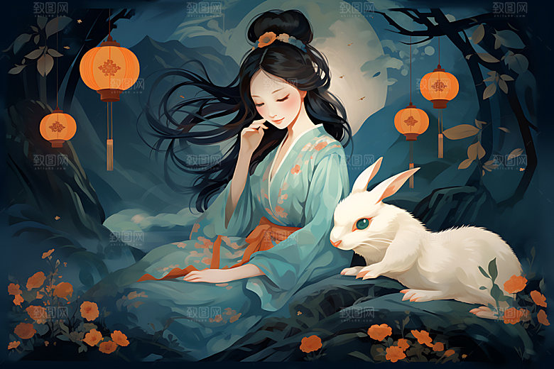 玉兔和女孩艺术中秋节插画
