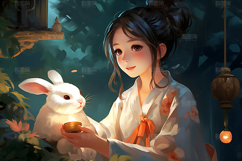 玉兔和女孩中秋节手绘插画