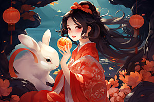 玉兔和女孩中秋节传统文化插画