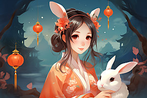 玉兔和女孩中秋节传统文化插画