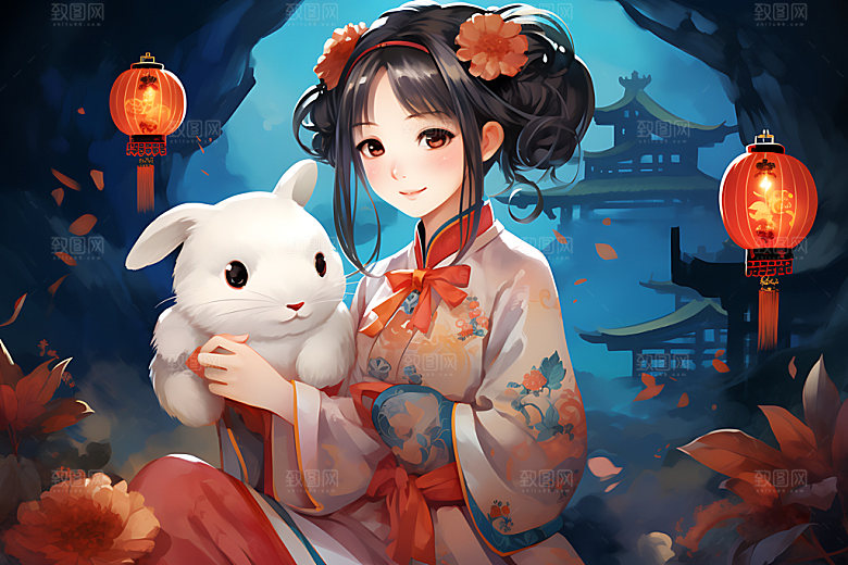 玉兔和女孩手绘中国风插画