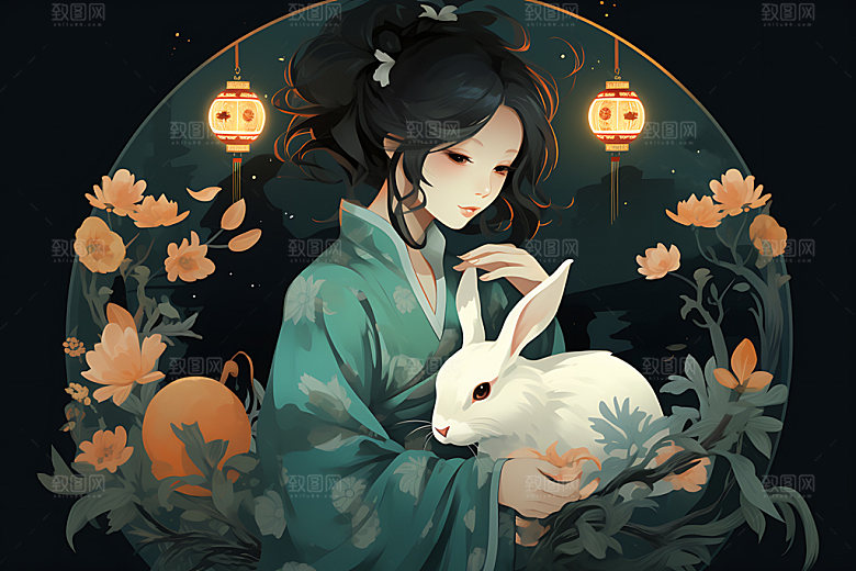 玉兔和女孩手绘卡通风格插画