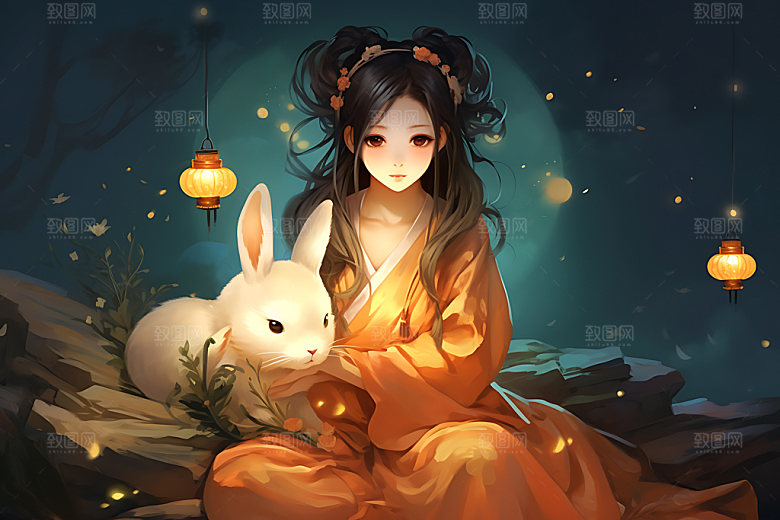 玉兔和女孩唯美月圆插画