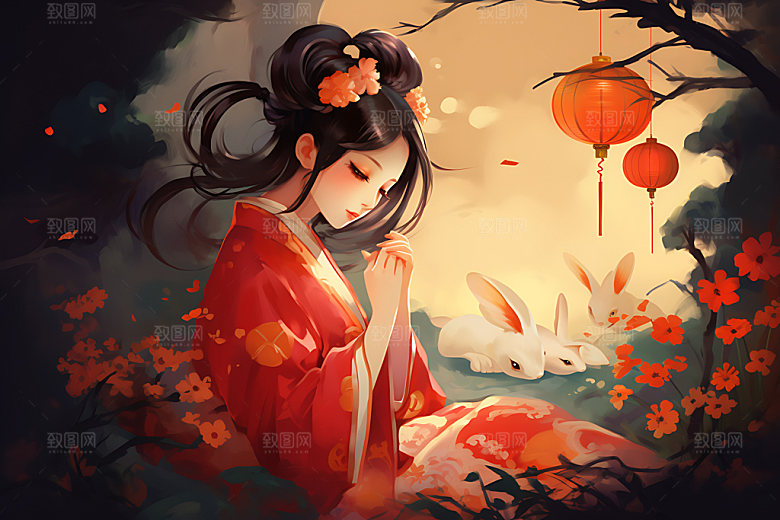 玉兔和女孩传统文化艺术插画