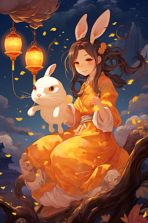玉兔和女孩手绘中国风插画