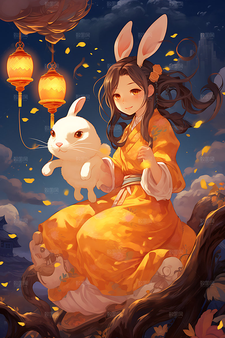 玉兔和女孩手绘中国风插画