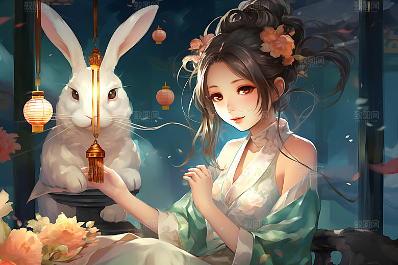 玉兔和女孩中秋节唯美插画
