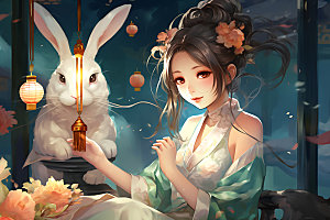 玉兔和女孩中秋节唯美插画